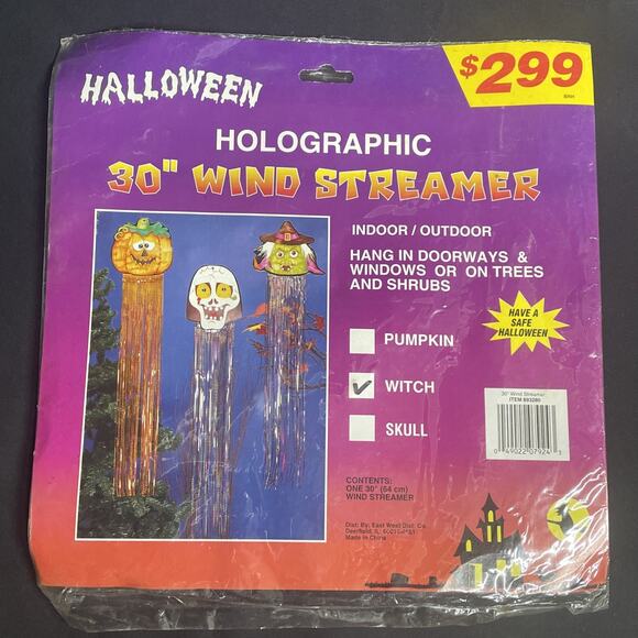 NOS 30” Die Cut Cardboard Holographic Wind Streamer Pumpkin Witch Vtg Halloween - Picture 5 of 10